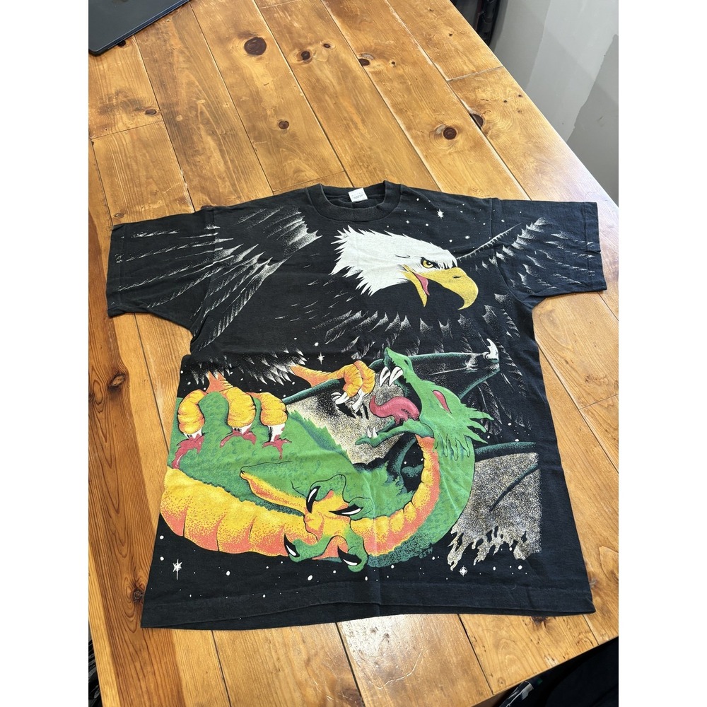 Vintage 80s Fruit of the Loom Eagle Dragon Graphic T-Shirt All Over Print XL USA